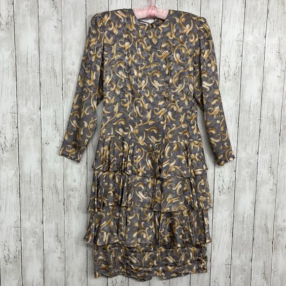Maggy London Jeannene Booher Silk Long Sleeve Ruffle Fancy 80s Vintage Dress 10 - Picture 1 of 12